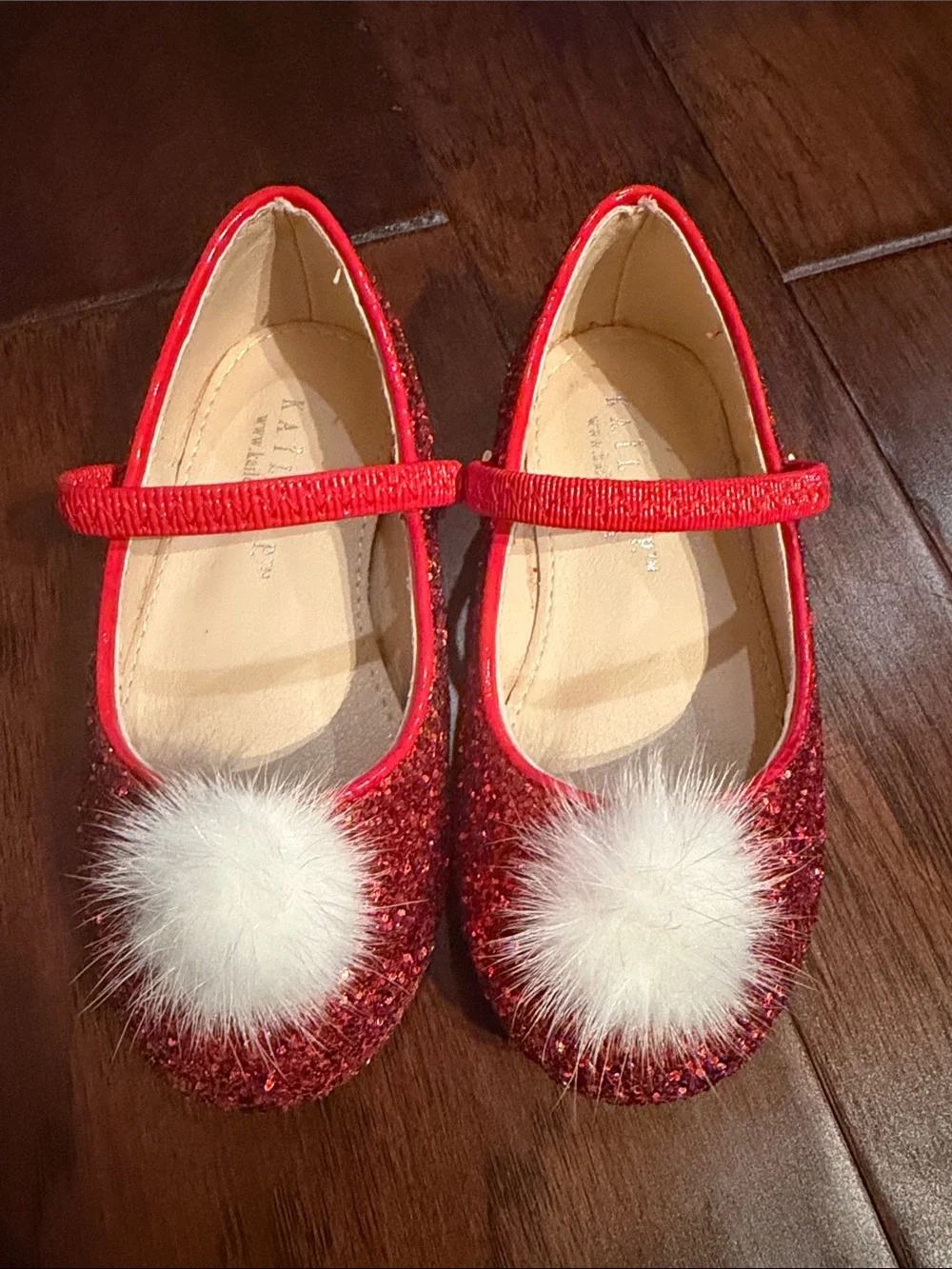 Girls Red Glitter Mary Jane Dress Shoes with White Pom Accent